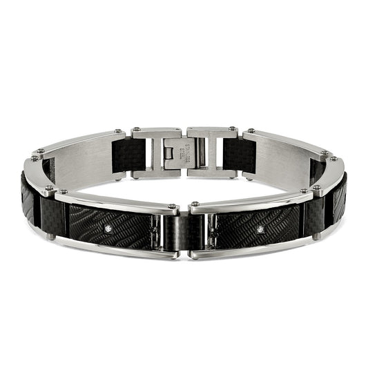 Chisel Stainless Steel Polished and Textured Black IP-plated with CZ and Black Carbon Fiber Inlay 8.75 inch Link Bracelet