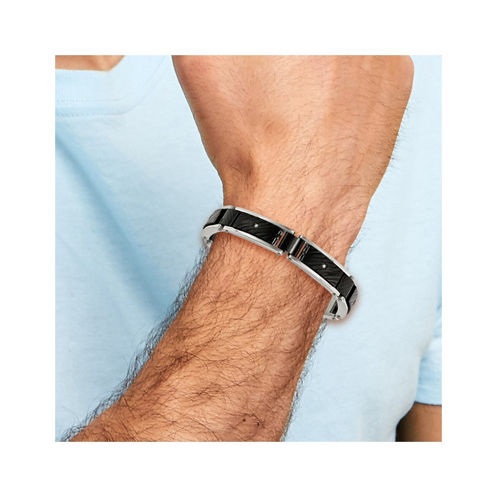 Chisel Stainless Steel Polished and Textured Black IP-plated with CZ and Black Carbon Fiber Inlay 8.75 inch Link Bracelet