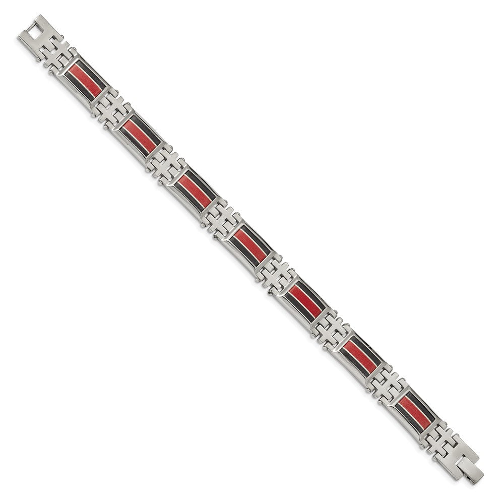 Chisel Stainless Steel Polished with Black Carbon Fiber and Red Fiberglass Inlay 9.25 inch Link Bracelet