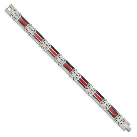 Chisel Stainless Steel Polished with Black Carbon Fiber and Red Fiberglass Inlay 9.25 inch Link Bracelet