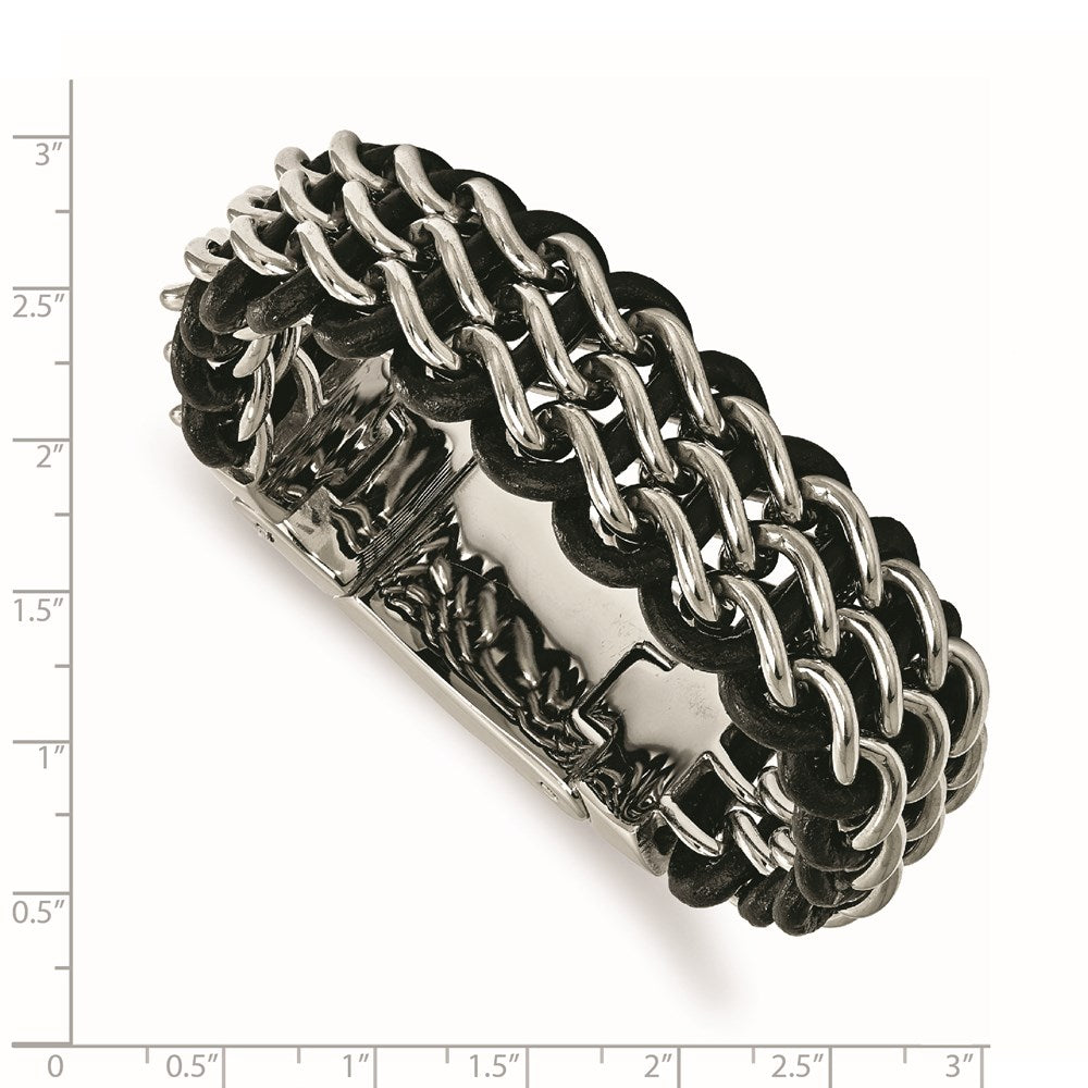 Chisel Stainless Steel Polished Black Leather 8.75 inch Bracelet