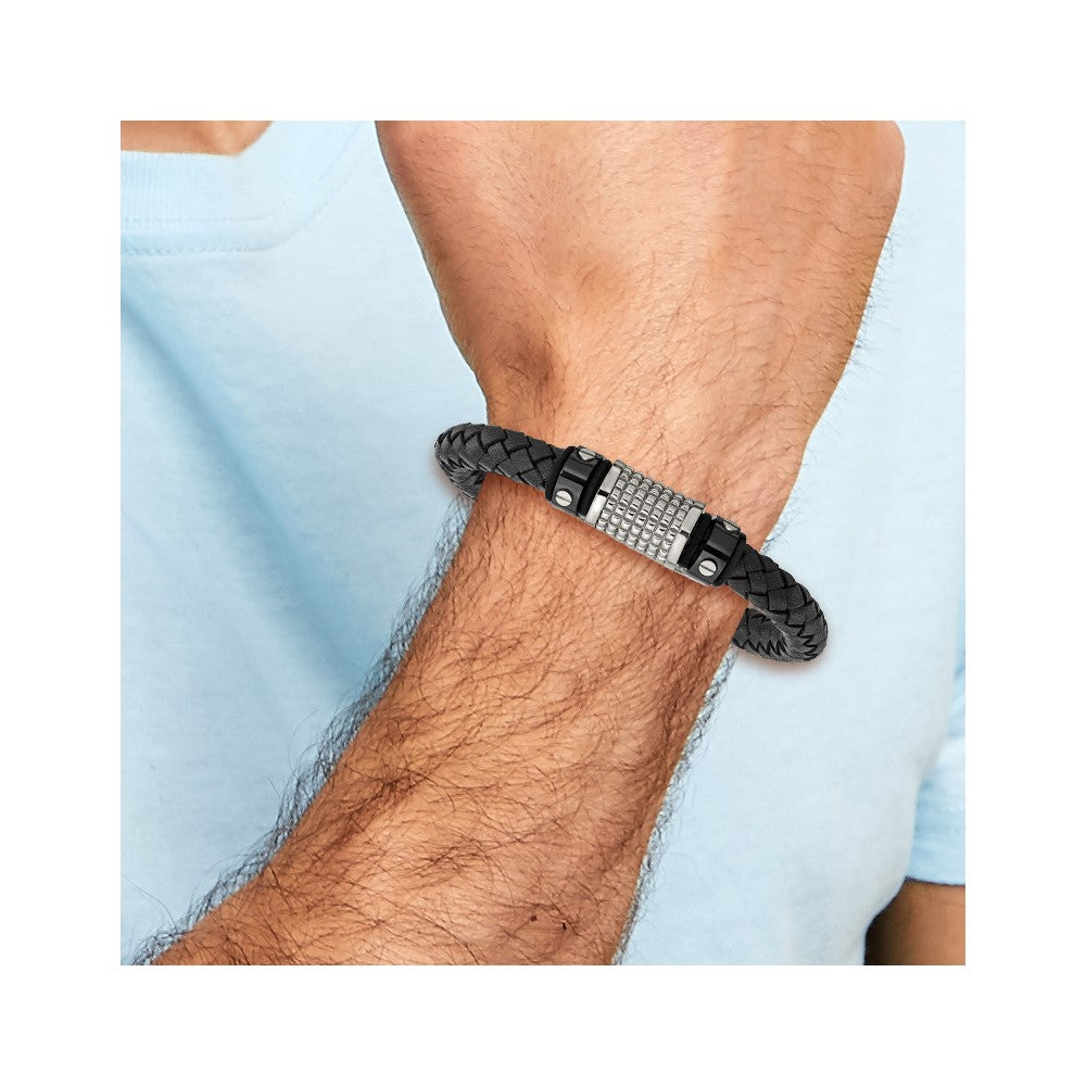 Chisel Stainless Steel Polished and Textured Black IP-plated Black Braided Leather and Rubber 8.5 inch Bracelet