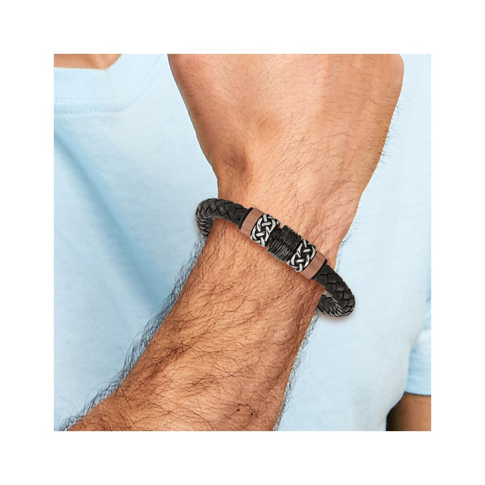 Chisel Stainless Steel Polished and Textured Black and Brown IP-plated Black Braided Leather and Rubber 8.5 inch Bracelet