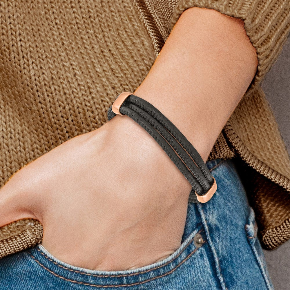 Chisel Stainless Steel Polished Rose IP-plated Multi Strand Black Leather 8 inch Bracelet