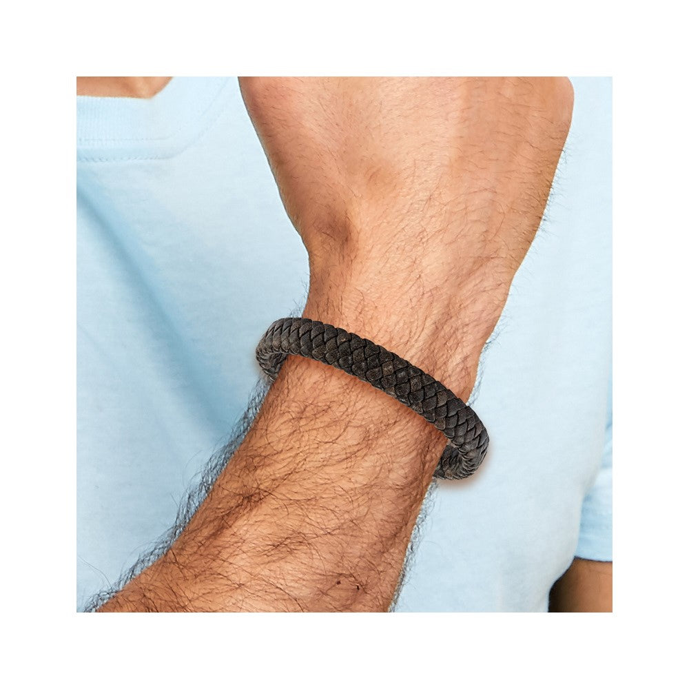 Chisel Stainless Steel Antiqued and Brushed Brown Braided Leather 8.25 inch Bracelet