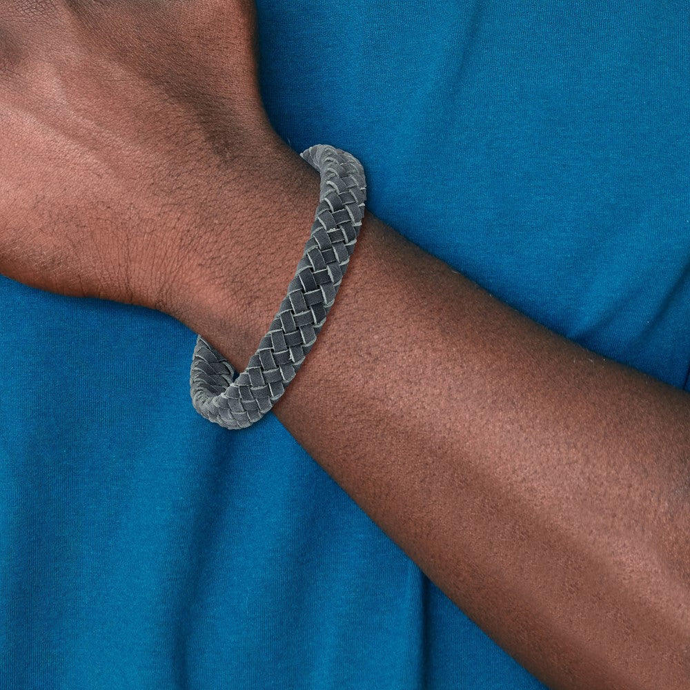 Chisel Stainless Steel Brushed Grey Braided Leather 8.5 inch Bracelet
