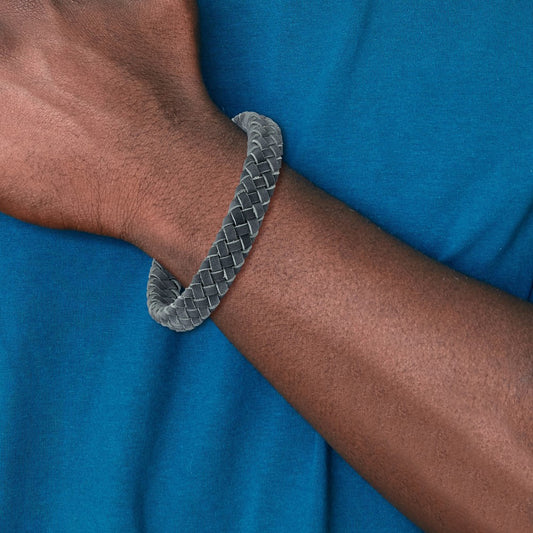 Chisel Stainless Steel Brushed Grey Braided Leather 8.5 inch Bracelet