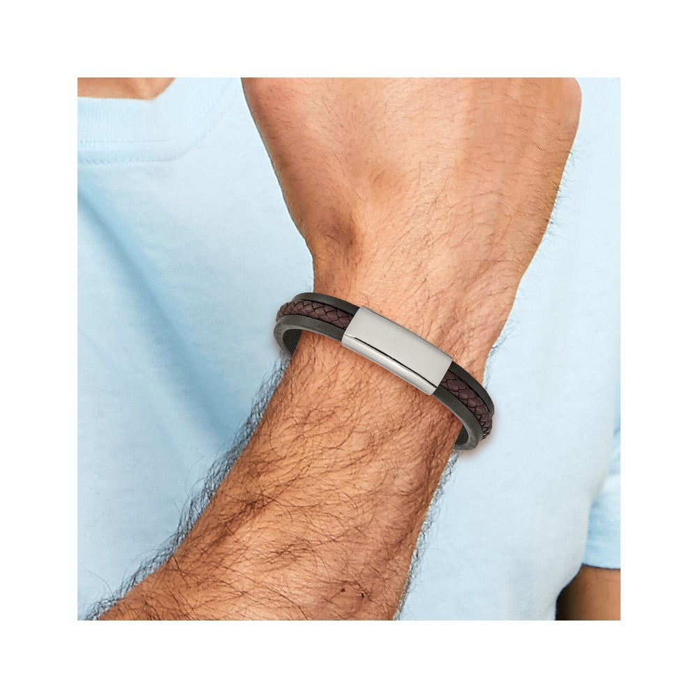 Chisel Stainless Steel Polished Black and Brown Braided Leather 8.25 inch ID Bracelet
