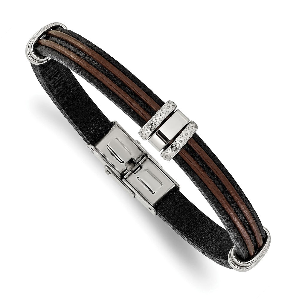 Chisel Stainless Steel Polished Black and Brown Leather 8.25 inch Bracelet