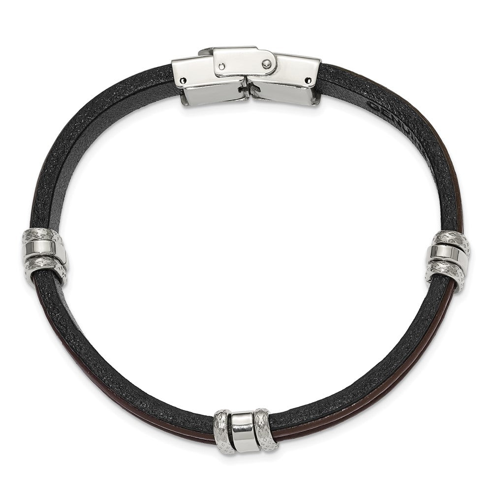 Chisel Stainless Steel Polished Black and Brown Leather 8.25 inch Bracelet