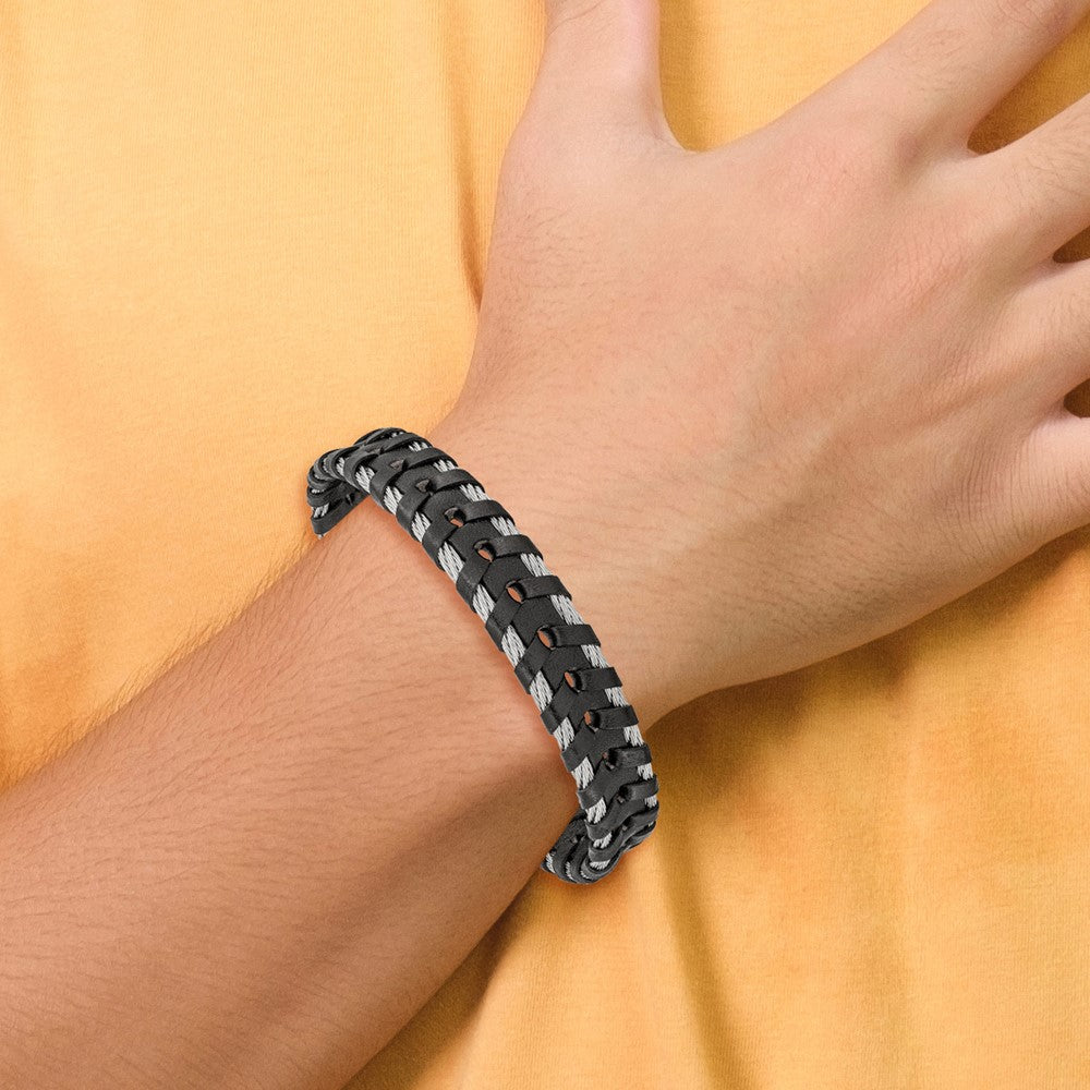 Chisel Stainless Steel Polished Cable and Black Leather 8.25 inch Bracelet