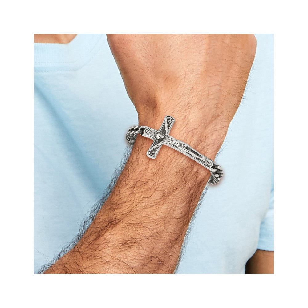 Chisel Stainless Steel Antiqued and Polished Crucifix 8.75 inch Bracelet