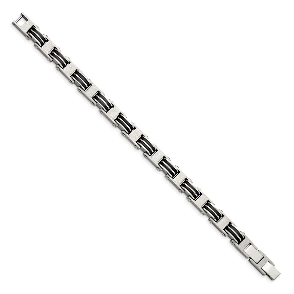Chisel Stainless Steel Brushed and Polished with Black Rubber 7.75 inch Link Bracelet with .5 inch Extension