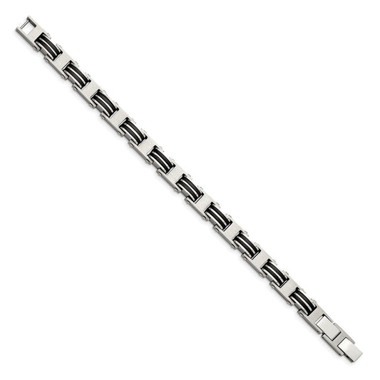 Chisel Stainless Steel Brushed and Polished with Black Rubber 7.75 inch Link Bracelet with .5 inch Extension