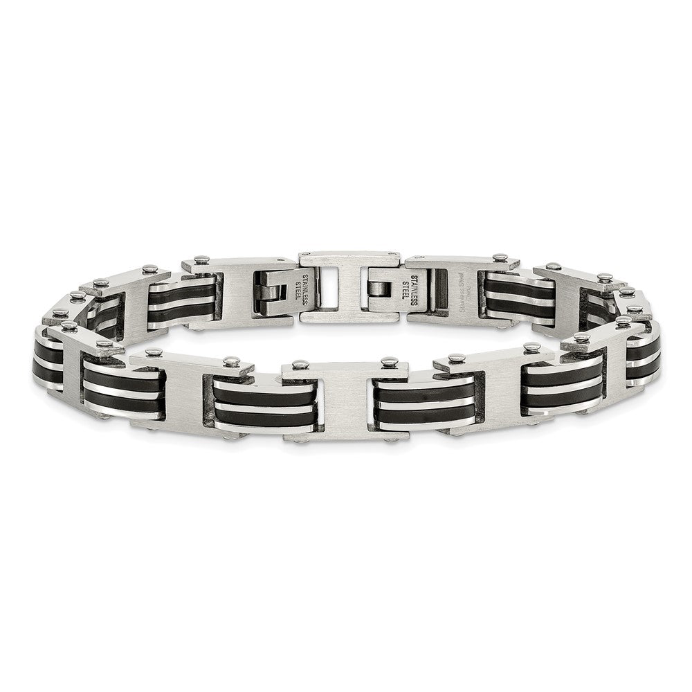 Chisel Stainless Steel Brushed and Polished with Black Rubber 7.75 inch Link Bracelet with .5 inch Extension