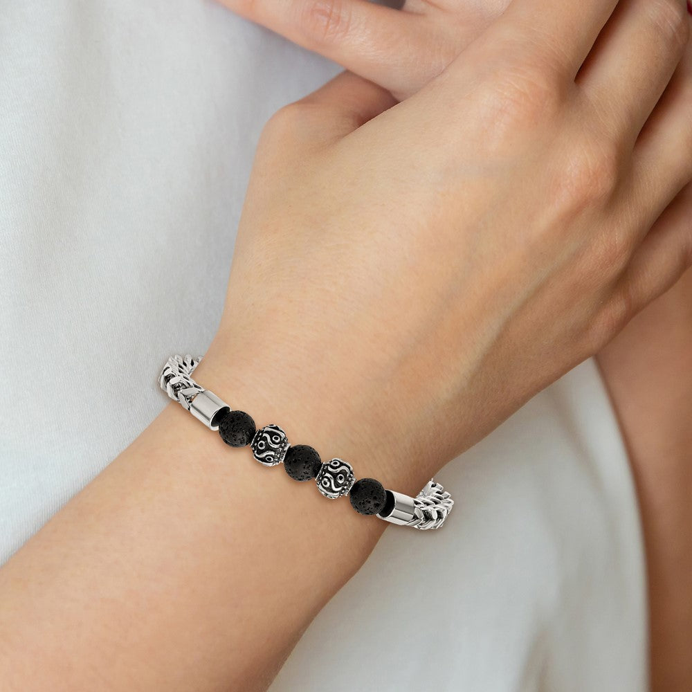 Chisel Stainless Steel Antiqued and Polished with 8mm Lava Stone Beaded Stretch Bracelet