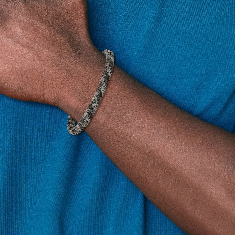 Chisel Stainless Steel Polished Black and Grey Braided Leather 8.25 inch Bracelet