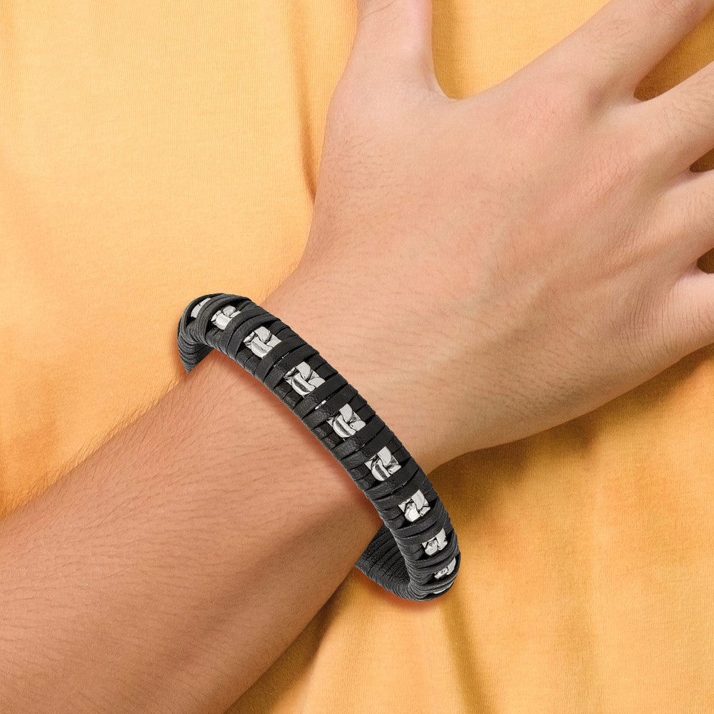 Chisel Stainless Steel Polished Chain and Black Leather 8.25 inch Bracelet