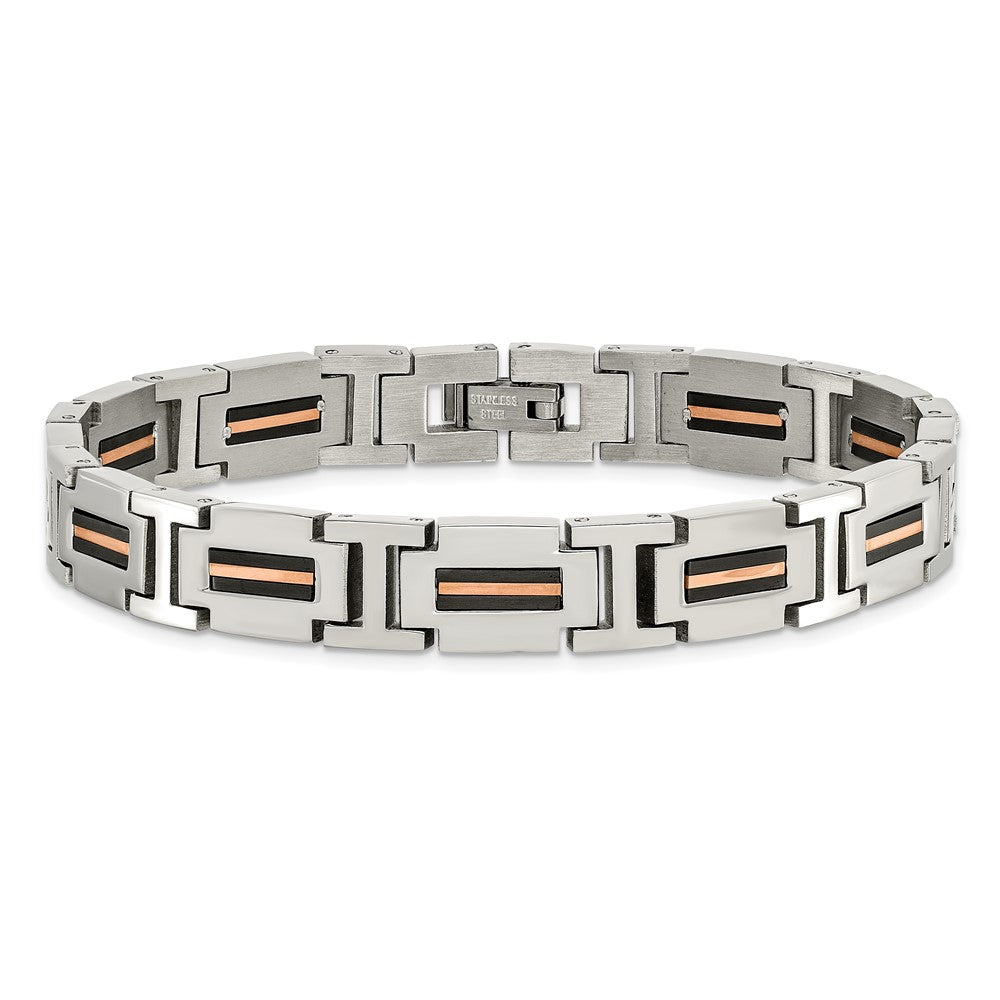 Chisel Stainless Steel Polished Black and Rose IP-plated 8.5 inch Link Bracelet