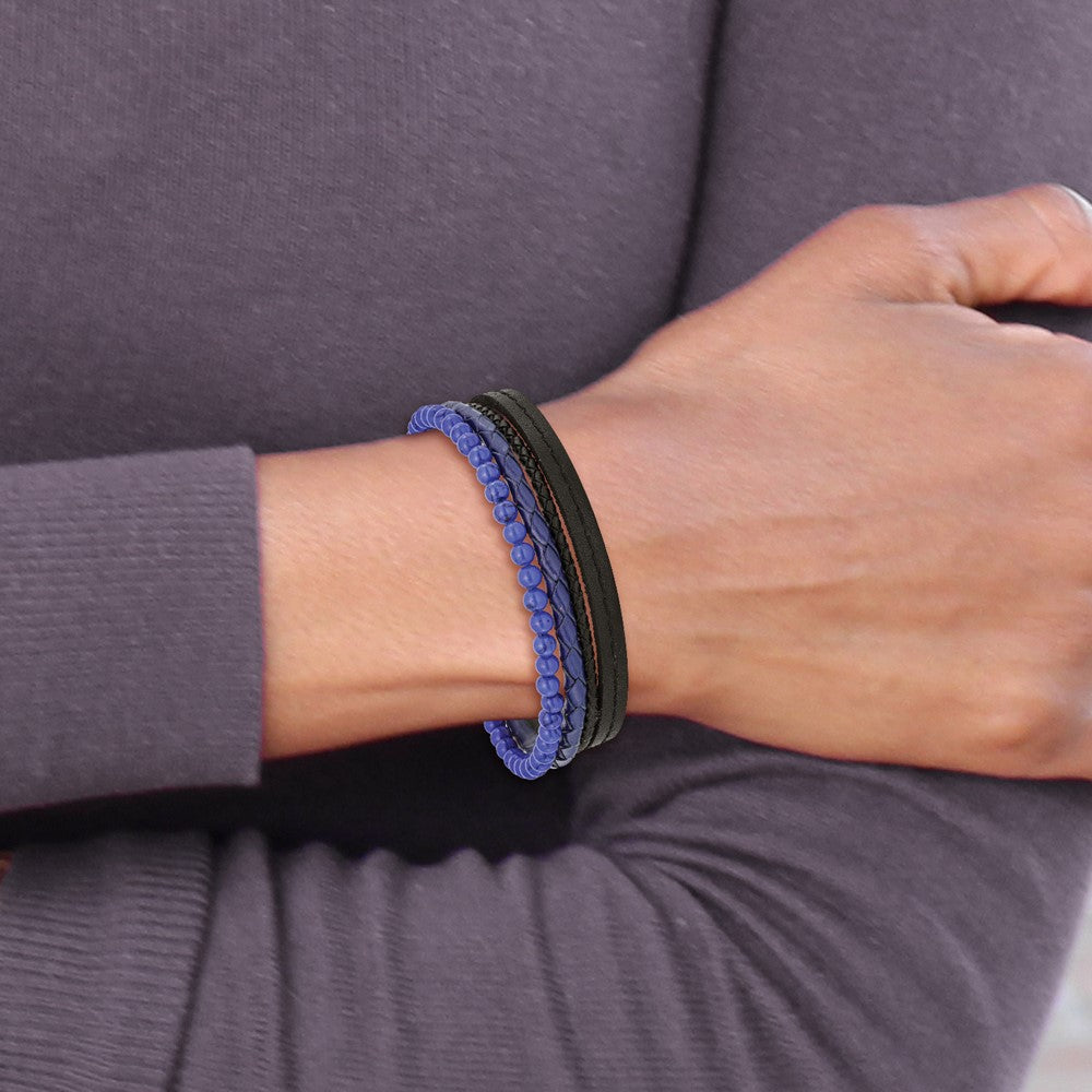 Chisel Stainless Steel Polished Black IP-plated Multi Strand Lapis Beaded Black and Blue Leather 8 inch Bracelet with .5 inch Extension