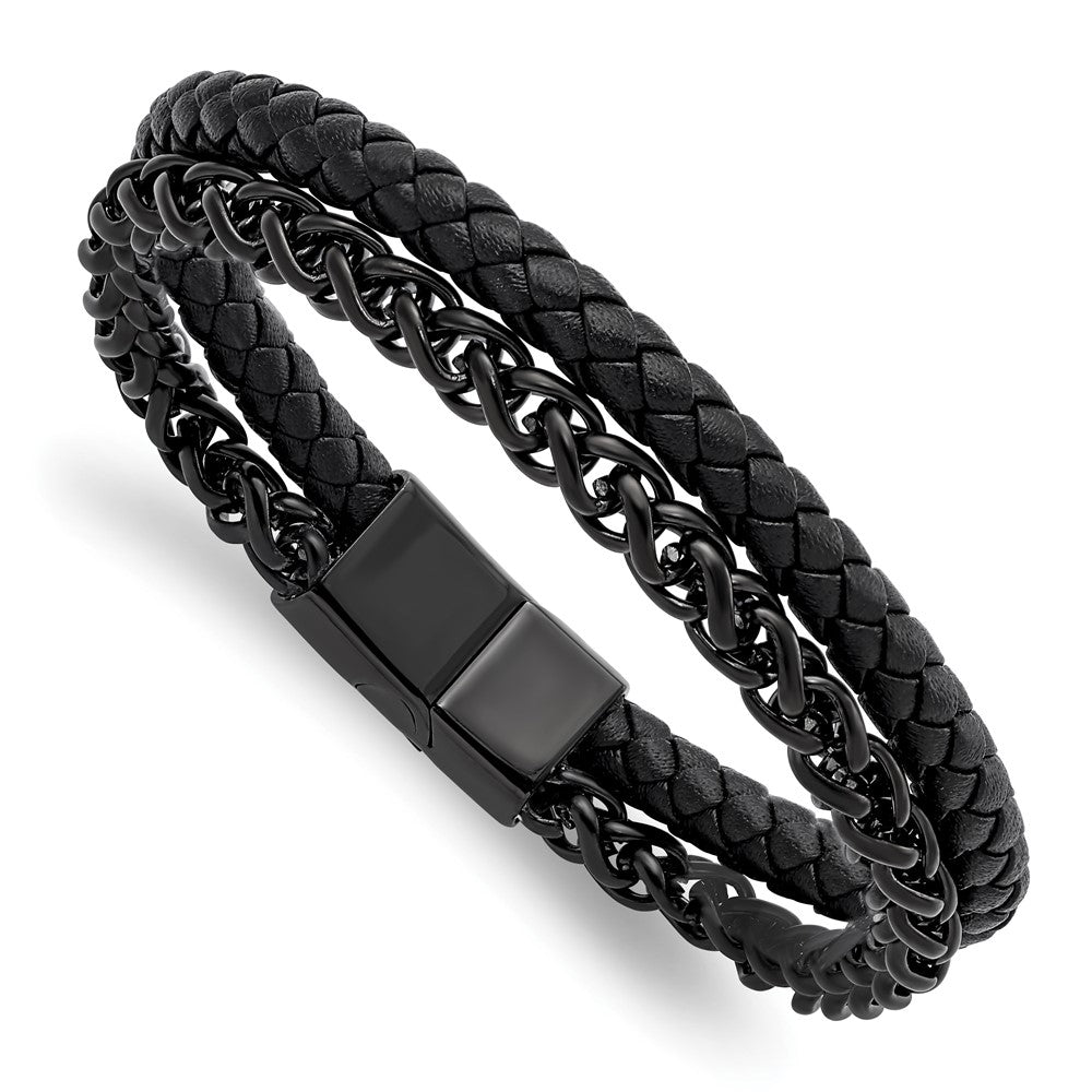 Chisel Stainless Steel Polished Black IP-plated Chain and Black Leather 8.5 inch Bracelet