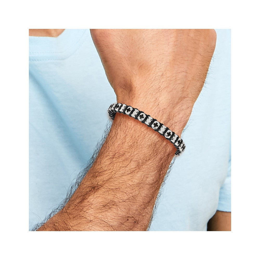 Chisel Stainless Steel Polished Crosses Black Leather 8 inch with .5 inch extension Bracelet
