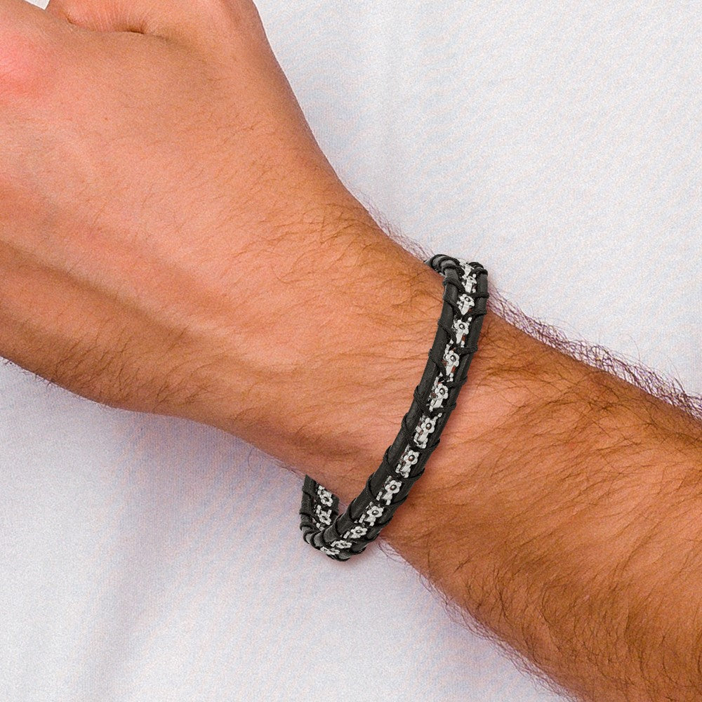 Chisel Stainless Steel Polished Flower Link Black Leather 8.25 inch Bracelet
