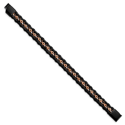 Chisel Stainless Steel Antiqued and Polished Rose IP-plated Black Leather 8.5 inch Bracelet