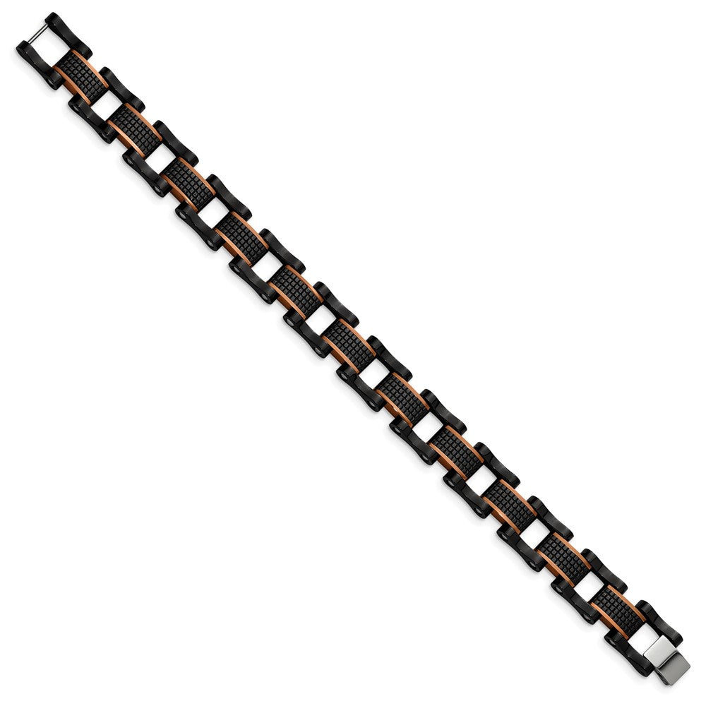 Chisel Stainless Steel Polished and Textured Black and Brown IP-plated 8.25 inch Open Link Bracelet