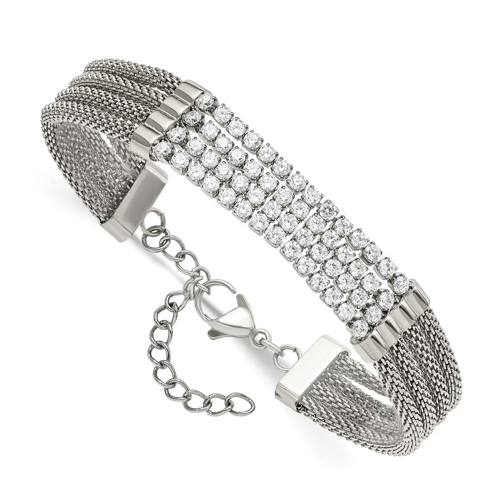Chisel Stainless Steel Polished with CZ Mesh Multi Strand 6.5 inch Bracelet with 1.5 inch Extension