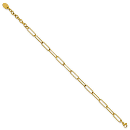 Chisel Stainless Steel Polished Yellow IP-plated Elongated Open Link Paperclip 7 inch Bracelet with 1.25 inch Extension