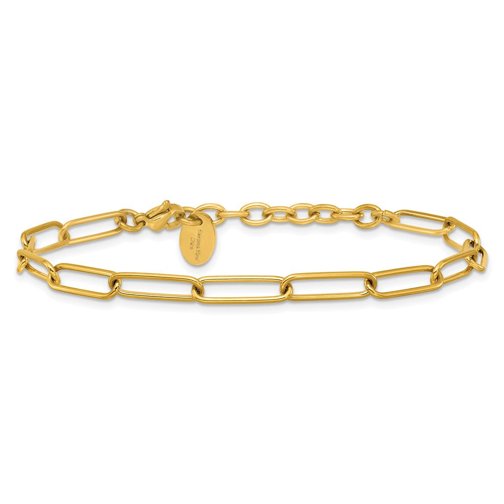 Chisel Stainless Steel Polished Yellow IP-plated Elongated Open Link Paperclip 7 inch Bracelet with 1.25 inch Extension