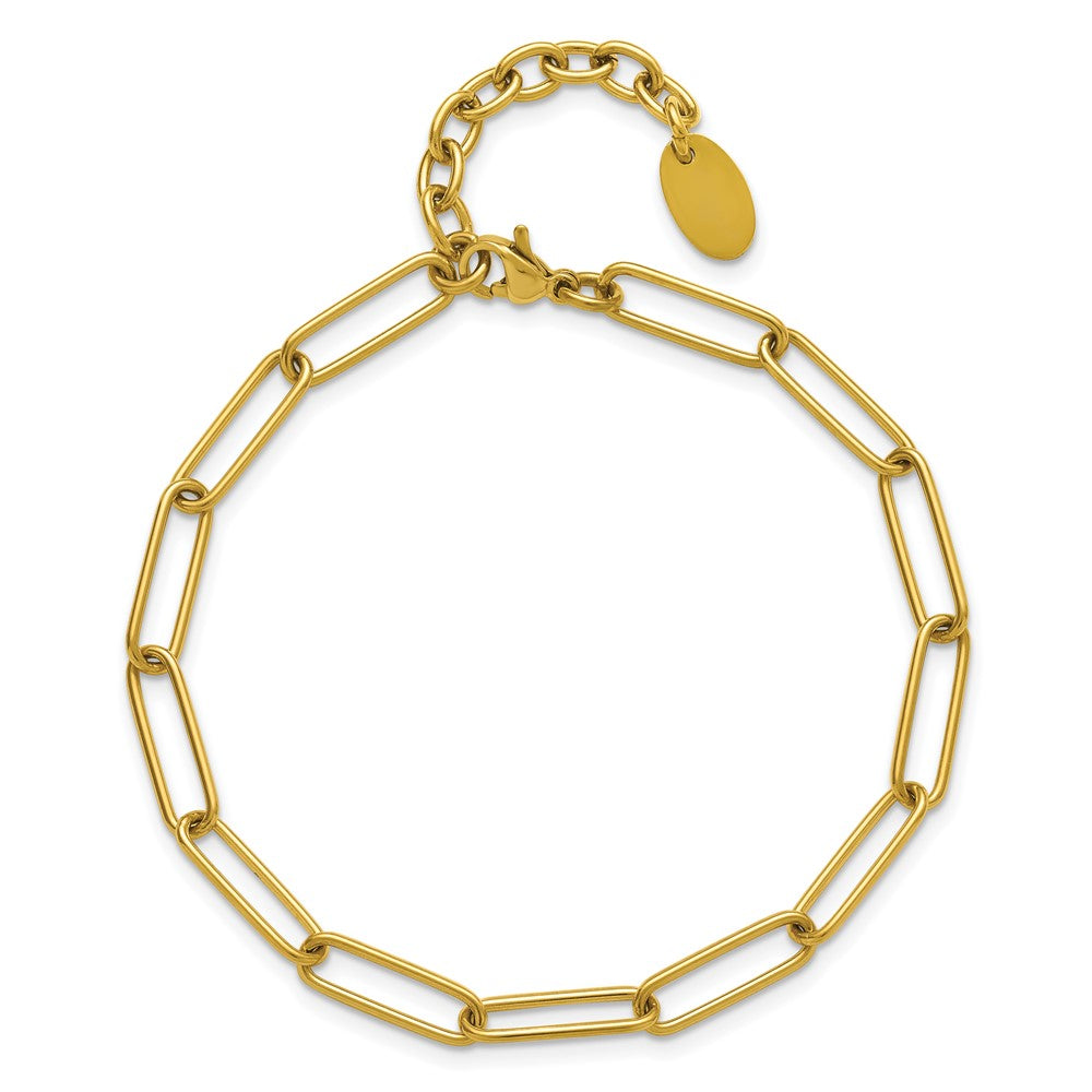 Chisel Stainless Steel Polished Yellow IP-plated Elongated Open Link Paperclip 7 inch Bracelet with 1.25 inch Extension