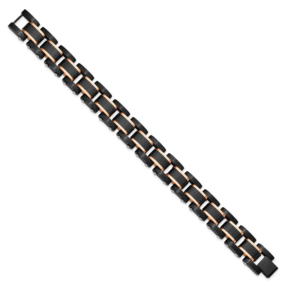 Chisel Stainless Steel Brushed and Polished Black and Rose IP-plated with Black Carbon Fiber Inlay 8.5 inch Link Bracelet