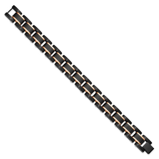 Chisel Stainless Steel Brushed and Polished Black and Rose IP-plated with Black Carbon Fiber Inlay 8.5 inch Link Bracelet