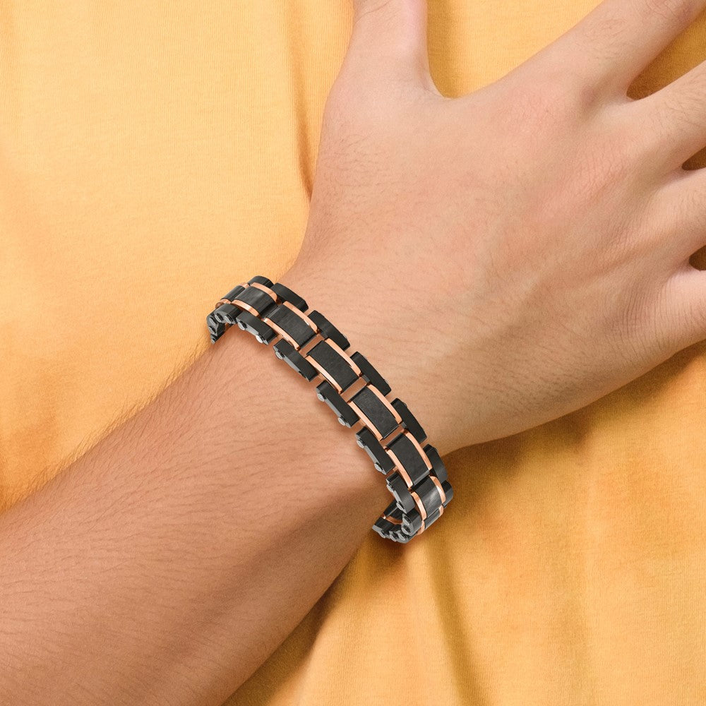 Chisel Stainless Steel Brushed and Polished Black and Rose IP-plated with Black Carbon Fiber Inlay 8.5 inch Link Bracelet