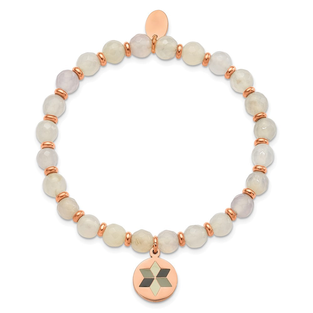 Chisel Stainless Steel Polished Rose IP-plated Enameled Flower Charm 6mm Jade Beaded Stretch Bracelet