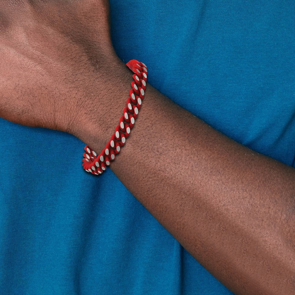 Chisel Stainless Steel Polished with Red Enamel and Rubber Coating 9mm 8.5 inch Curb Chain Bracelet