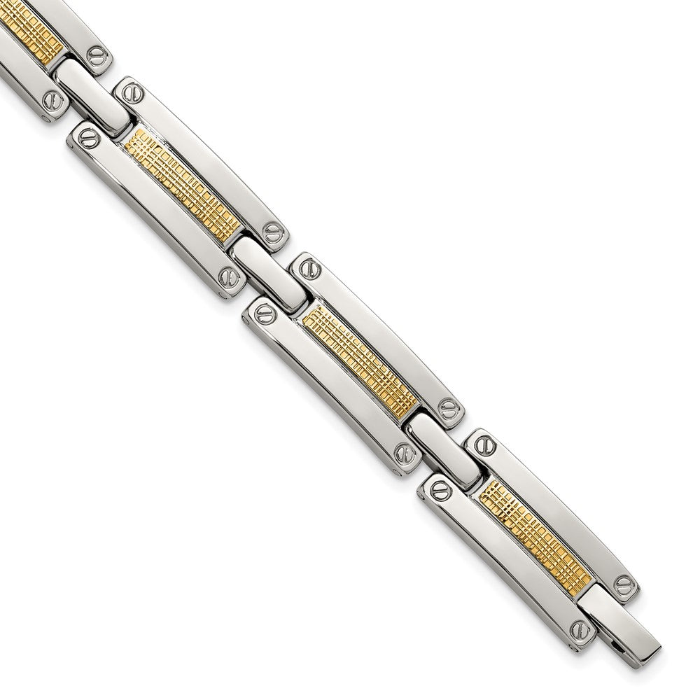 Chisel Stainless Steel Polished with 14K Gold Accent Basket Weave Pattern 8.5 inch Link Bracelet
