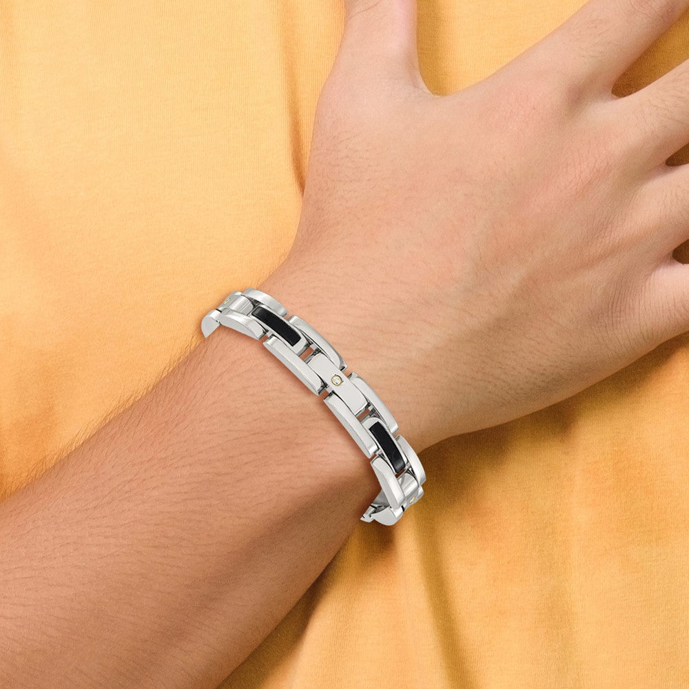 Chisel Stainless Steel Polished with 14K Gold Accent and 1/20ct. Diamond and Onyx 8.25 inch Link Bracelet