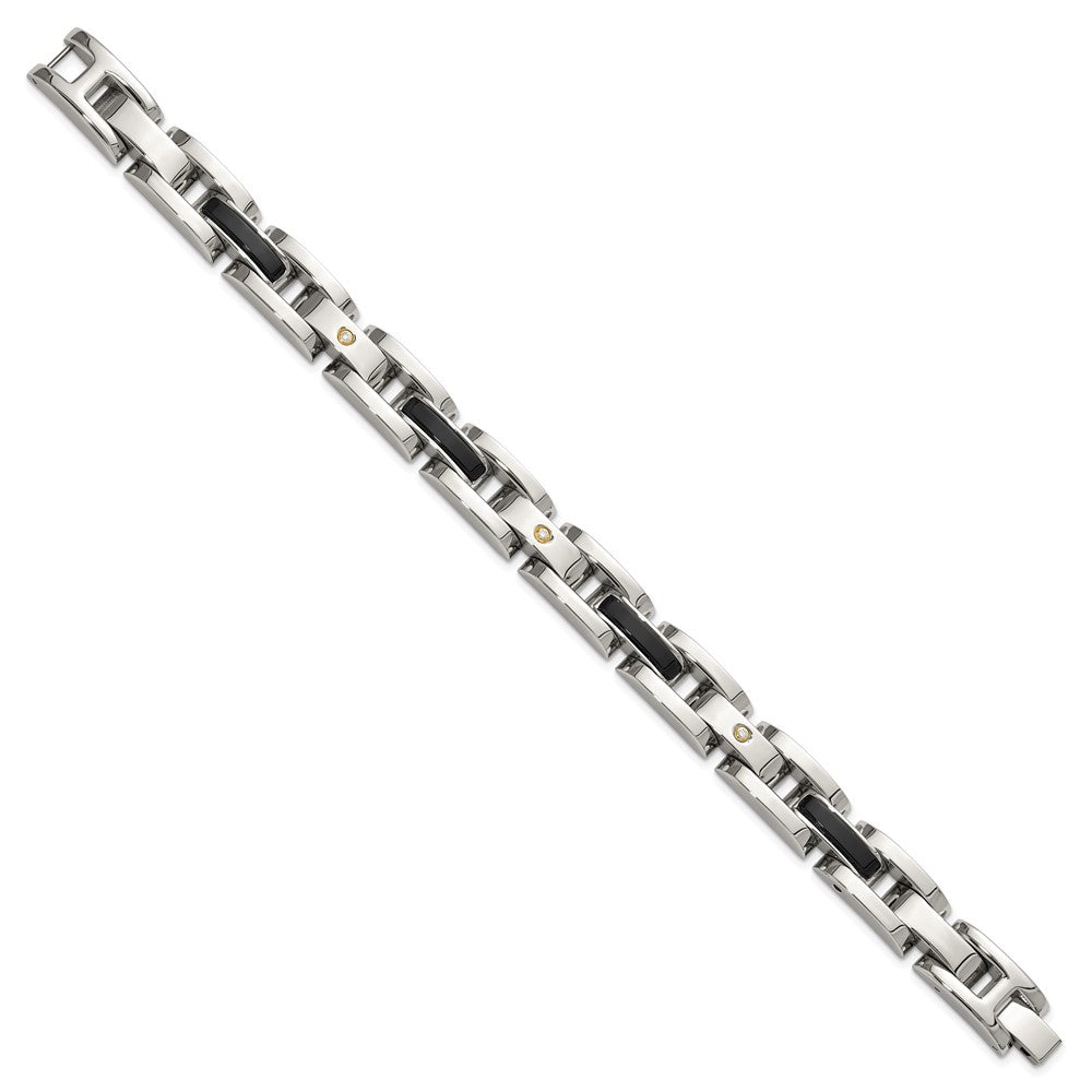 Chisel Stainless Steel Polished with 14K Gold Accent and 1/20ct. Diamond and Onyx 8.25 inch Link Bracelet