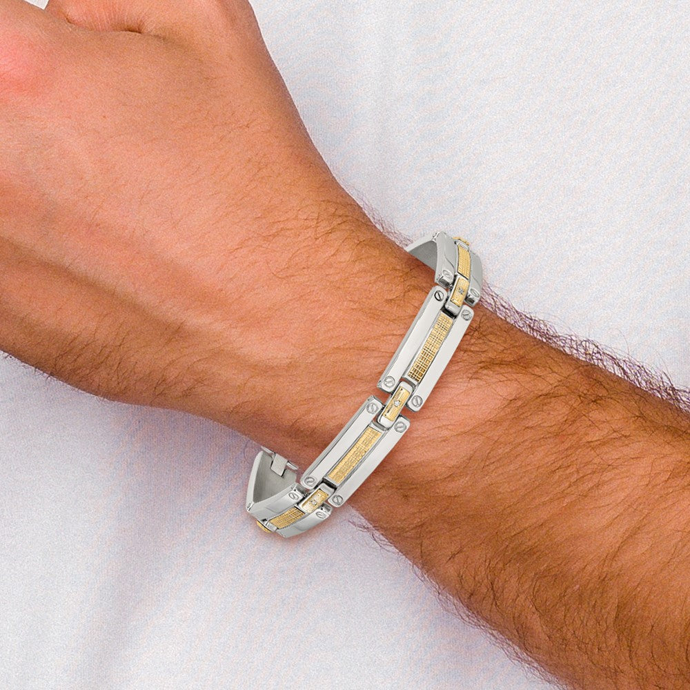 Chisel Stainless Steel Polished with 14K Accent Basket Weave and 1/15ct. Diamond 8.5 inch Bracelet