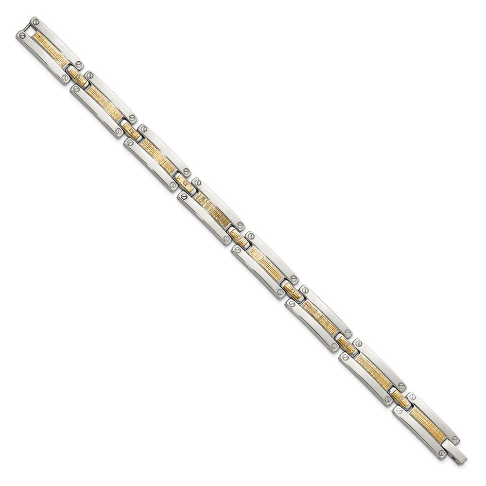 Chisel Stainless Steel Polished with 14K Accent Basket Weave and 1/15ct. Diamond 8.5 inch Bracelet