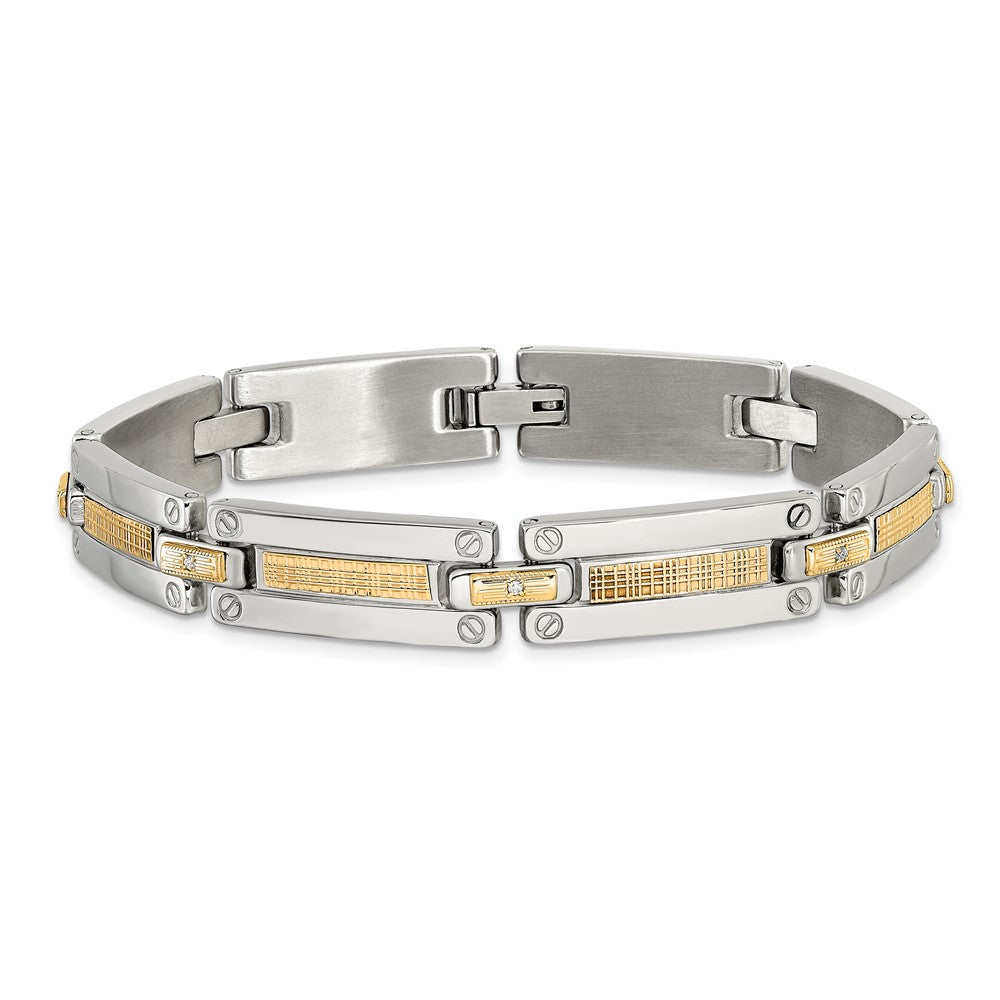 Chisel Stainless Steel Polished with 14K Accent Basket Weave and 1/15ct. Diamond 8.5 inch Bracelet