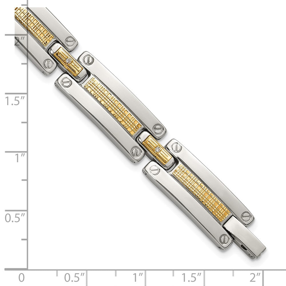 Chisel Stainless Steel Polished with 14K Accent Basket Weave and 1/15ct. Diamond 8.5 inch Bracelet