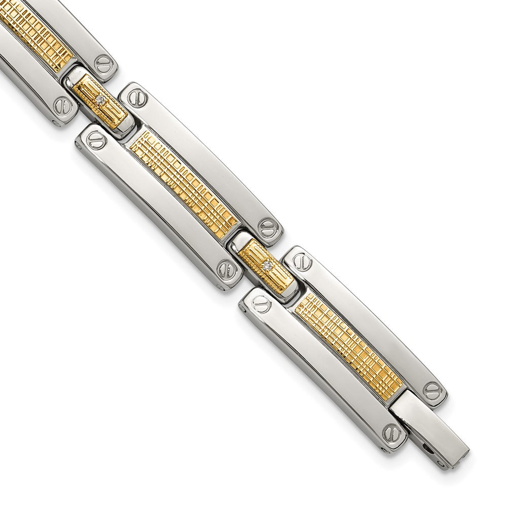 Chisel Stainless Steel Polished with 14K Accent Basket Weave and 1/15ct. Diamond 8.5 inch Bracelet