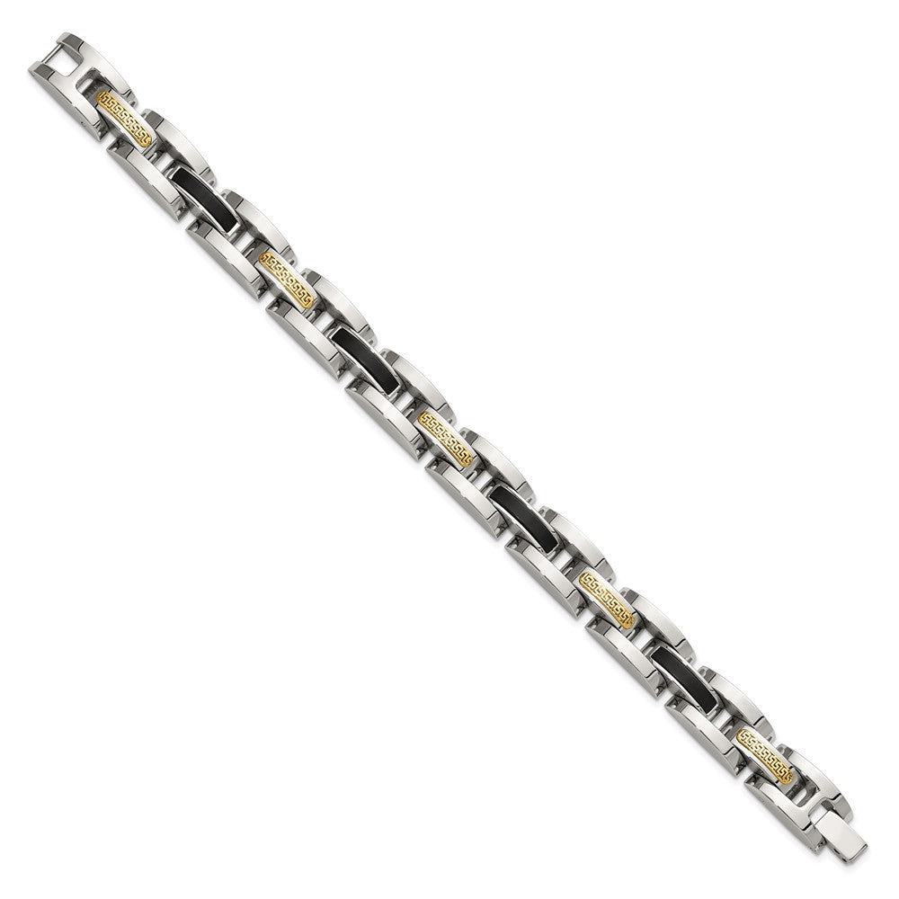 Chisel Stainless Steel Polished with 14K Gold Accent and Onyx 8.25 inch Link Bracelet