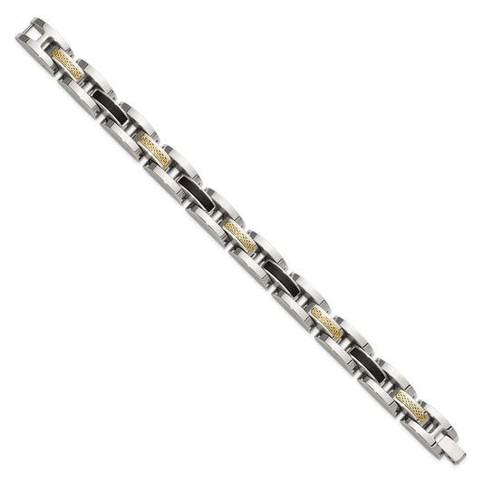 Chisel Stainless Steel Polished with 14K Gold Accent and Onyx 8.25 inch Link Bracelet