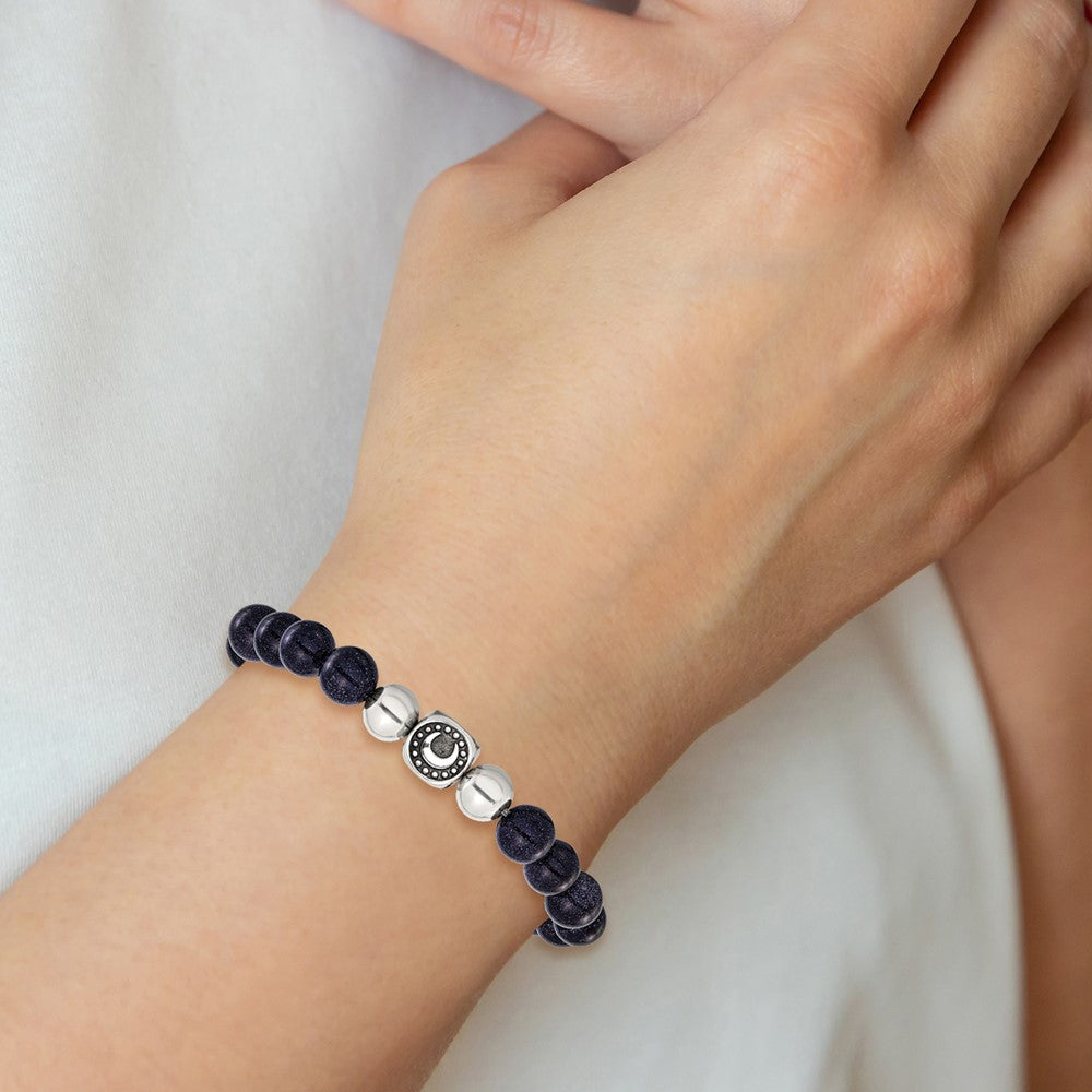 Chisel Stainless Steel Antiqued and Polished 10mm Blue Quartz Beaded Moon 7.5 inch Stretch Bracelet