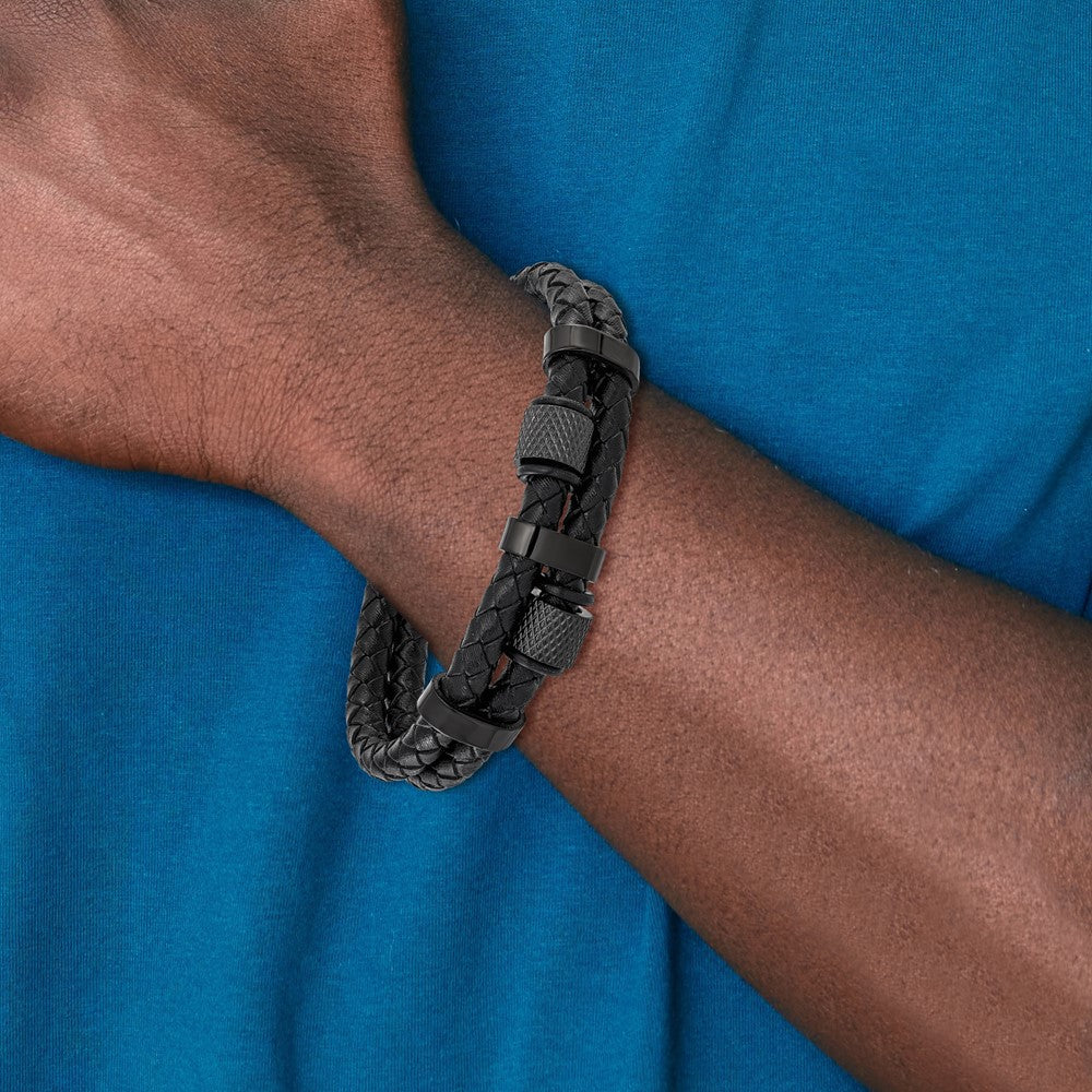 Chisel Stainless Steel Polished Black IP-plated and Black Leather Two Strand 8.25 inch Bracelet